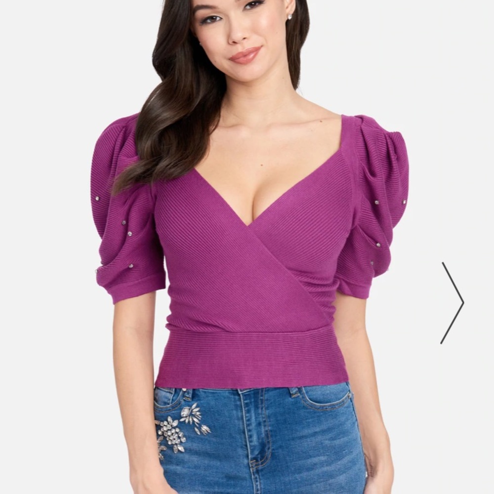 BEBE PUFF SLEEVE PEARL DETAIL WRAP SWEATER